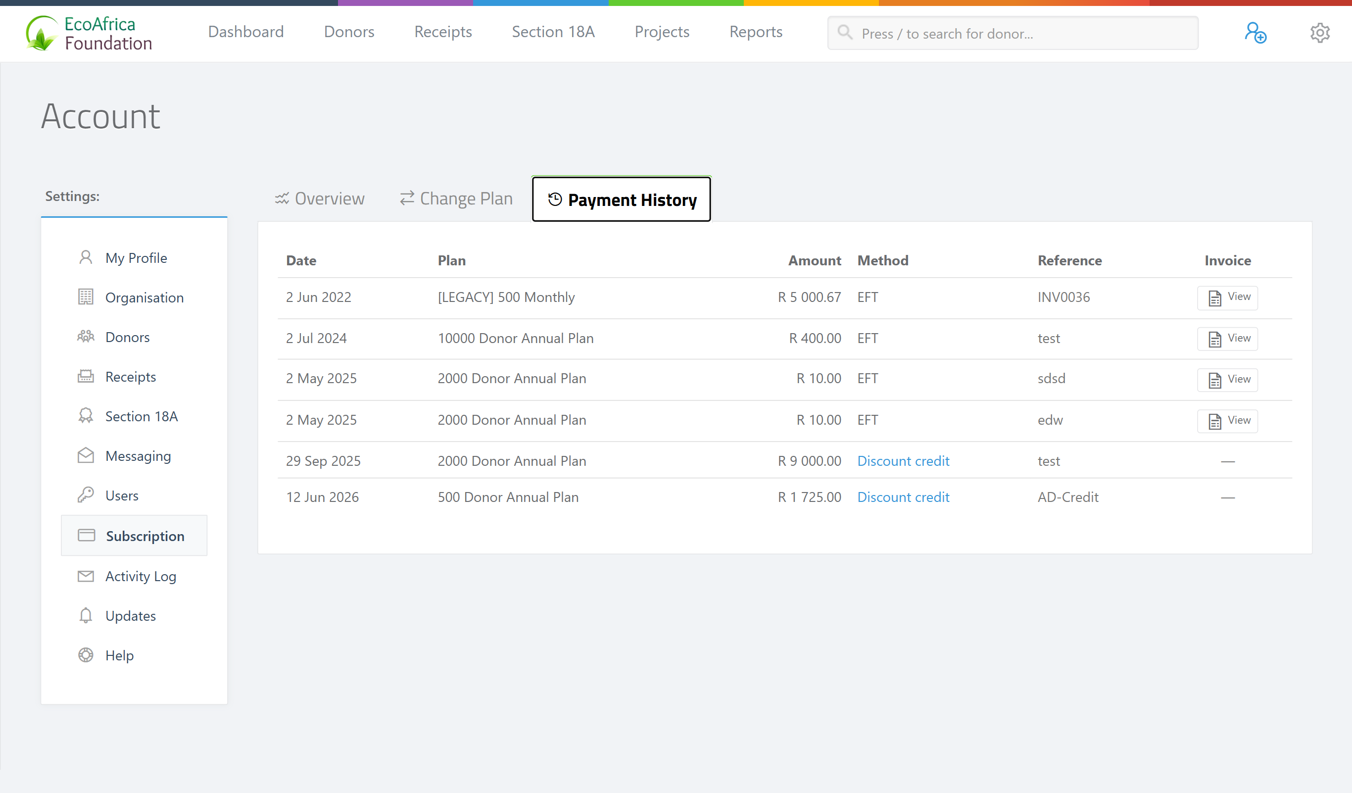 The Billing History tab on the Subscription page showing past payments with Date, Plan, Amount, Method, Reference and an Invoice link, plus the Outstanding Invoices box with a Pay online button.