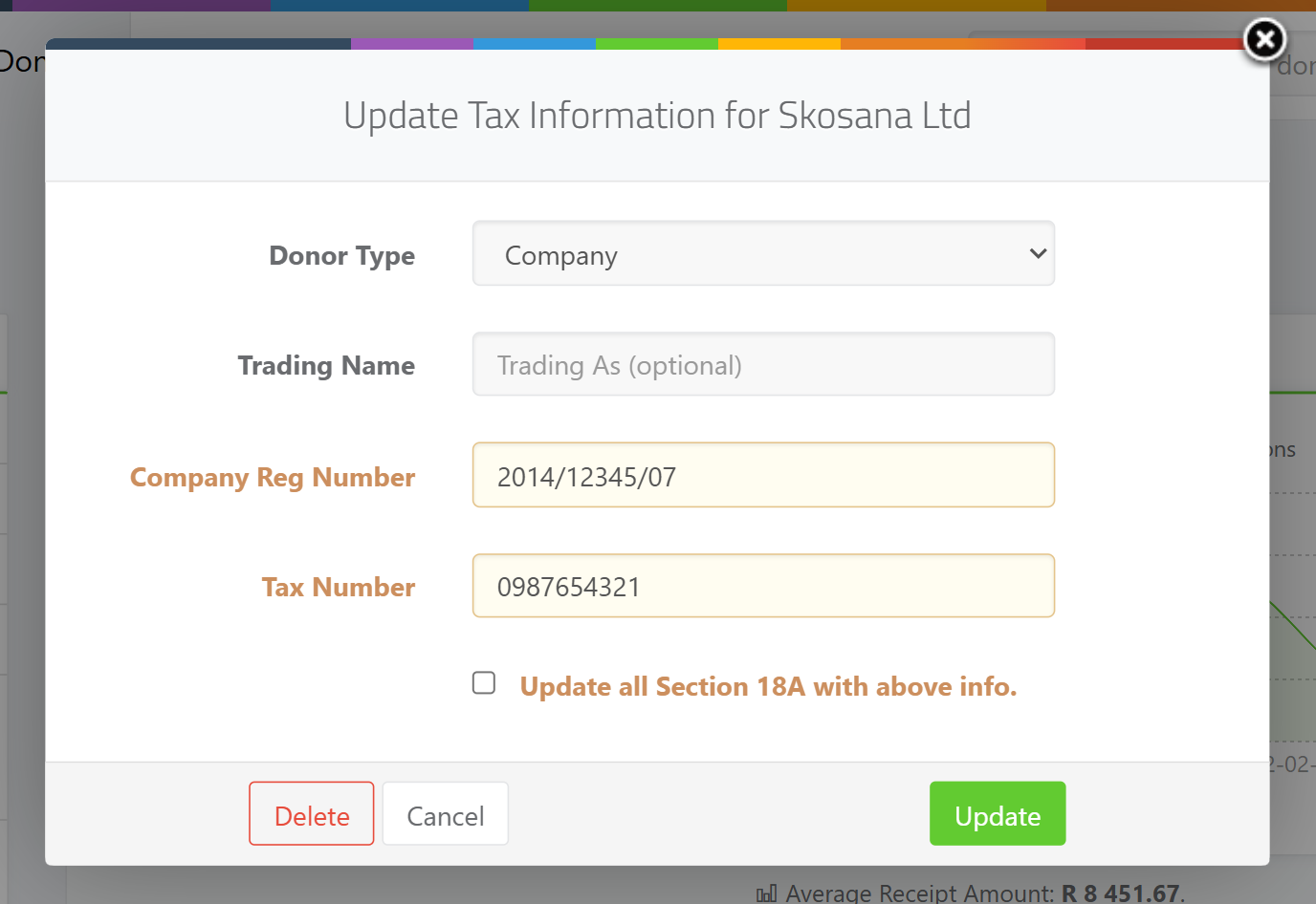 The "Update Tax Information for {donor name}" modal on a Company donor, showing the Donor Type dropdown, the "Company Reg Number" field with the error "Invalid Registration Number: Format should be CCYY/NNNNNN/MM." in red beneath it, the "Tax Number" field, and the "Update all Section 18A with above info." checkbox above the Save button.