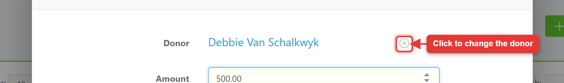 The receipt edit form's Donor field — the selected donor's name with the ✕ "Change Donor" icon beside it, and the donor search box that appears after clicking it.
