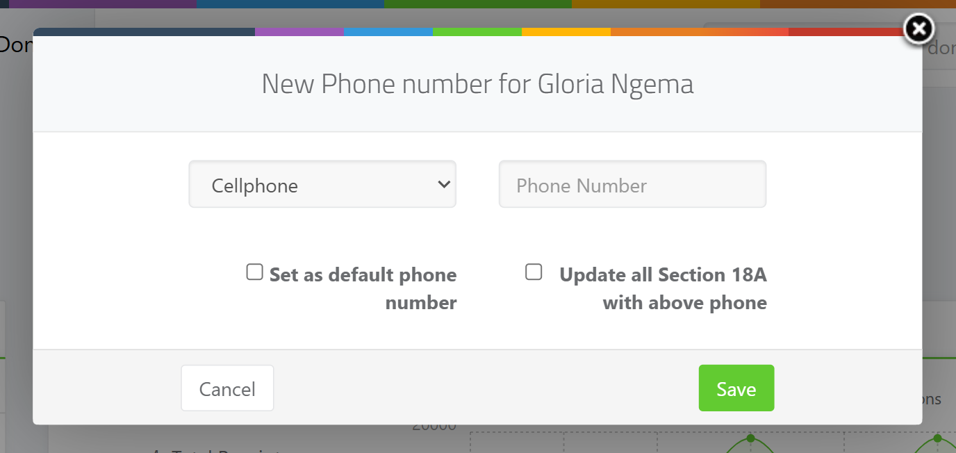 The New Phone number window — the label dropdown (Cellphone, Landline, Home, Work, Fax, Other), the number field, the Set as default phone number checkbox, and the Update all Section 18A with above phone checkbox.