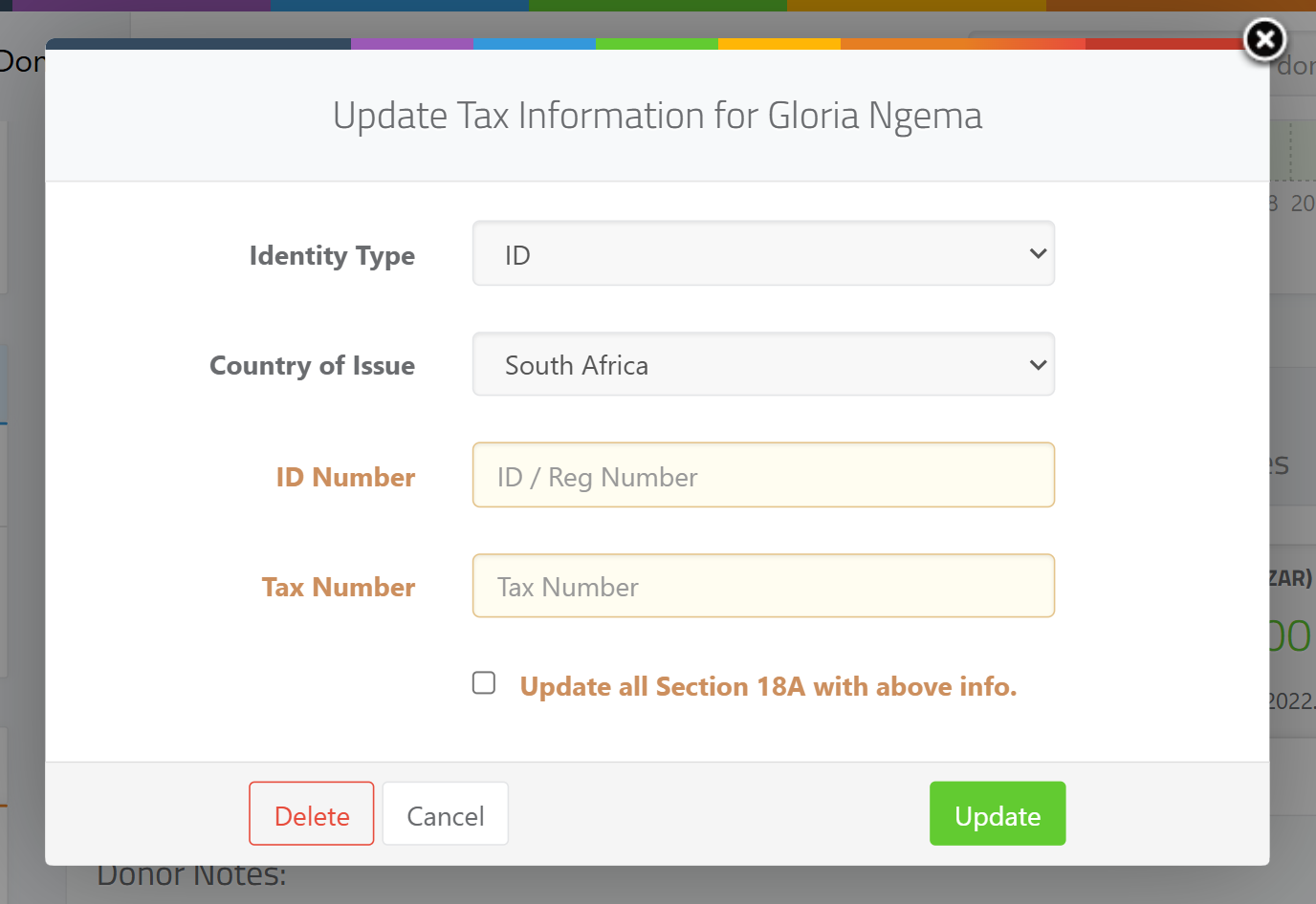 The Add/Update Tax Information window — Donor Type or Identity Type and Country of Issue, the ID / Reg Number field, the Tax Number field, the Trading Name field (entities), and the Update all Section 18A with above info. checkbox.