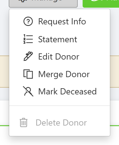The Manage dropdown on a donor profile showing Save Info / Request Info, Statement, Edit Donor, Merge Donor and the Mark Deceased option, with Mark Deceased highlighted.