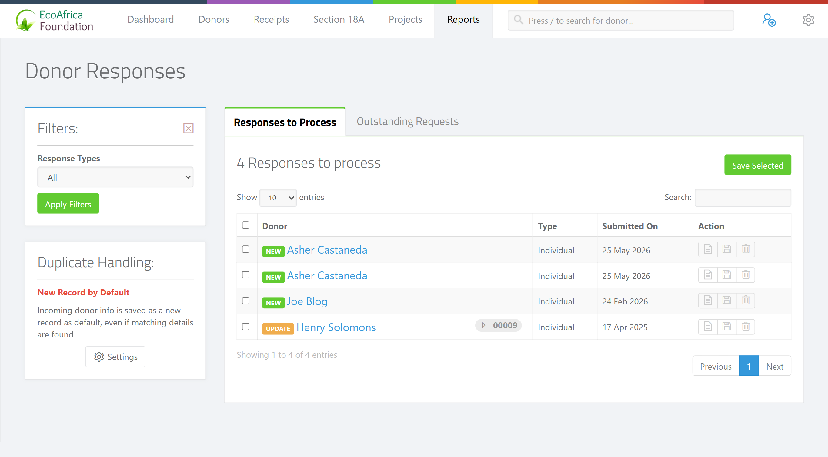 The Donor Responses page with the Responses to Process and Outstanding Requests tabs, the Response Types filter (All / New / Updates), the Save Selected button, and the Duplicate Handling panel.