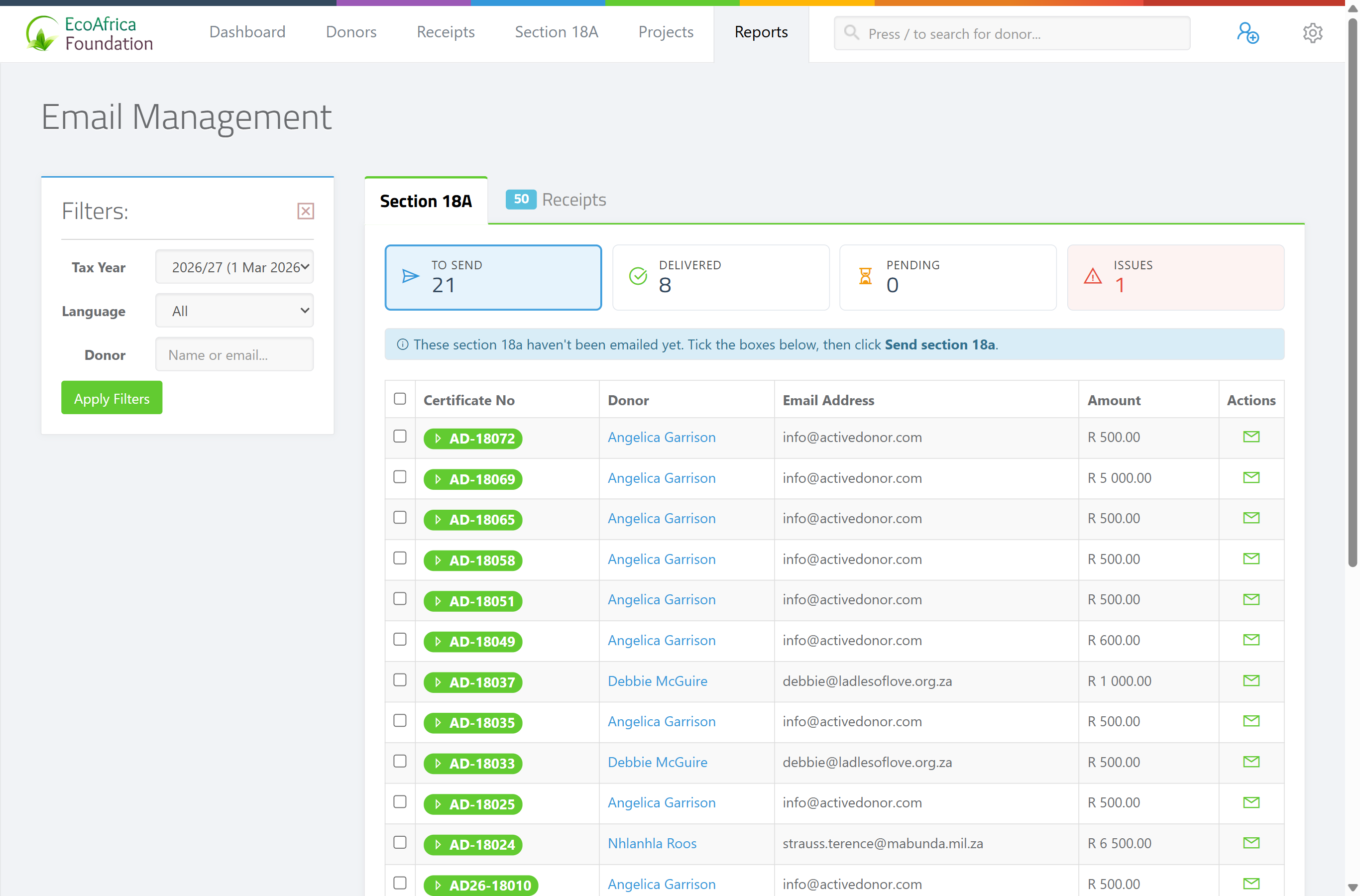 The Email Management page showing the Section 18A and Receipts tabs, the To Send / Delivered / Pending / Issues state pills, the document table with checkboxes, and the sticky footer "Send N" button.