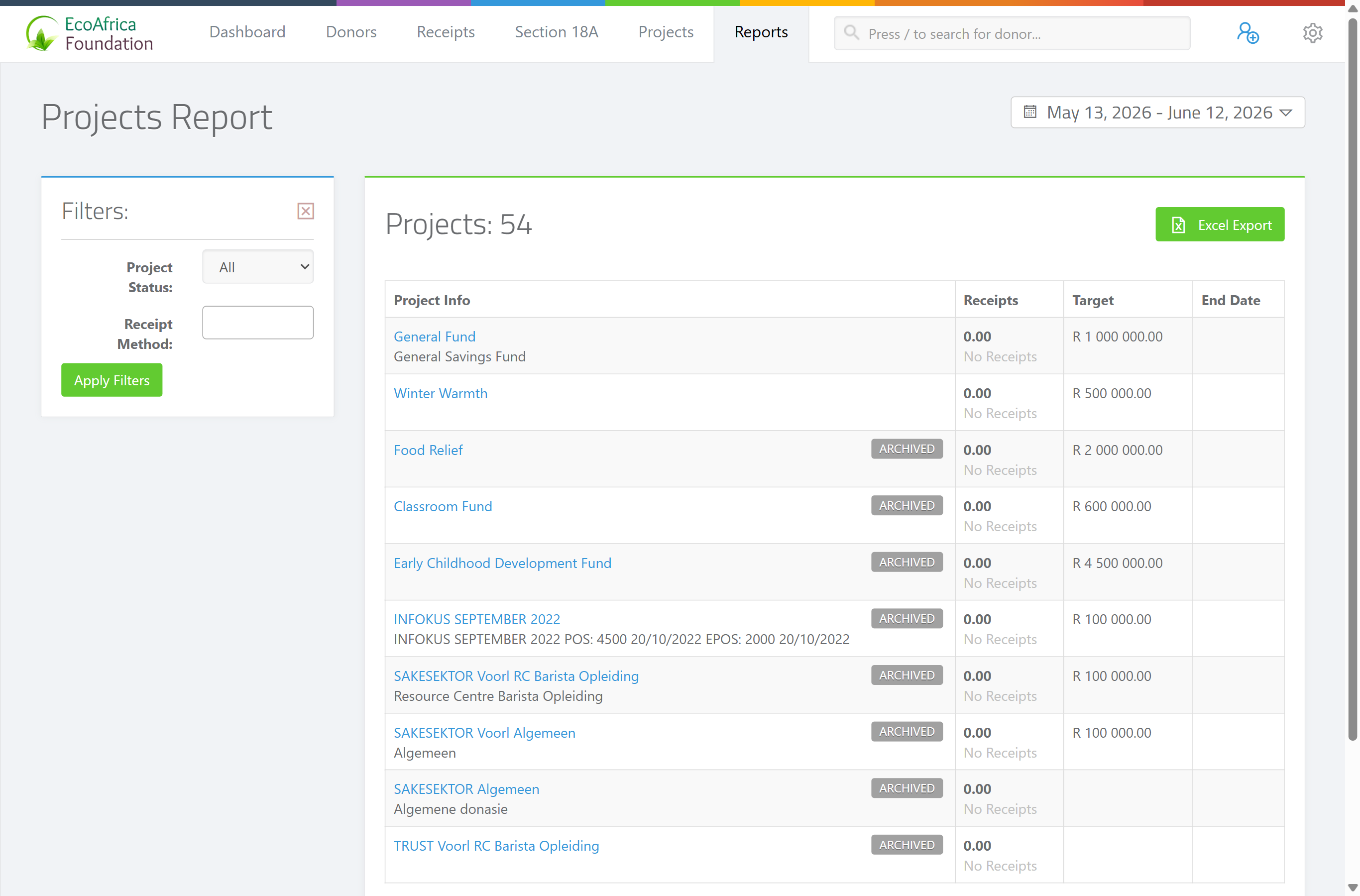 The Projects Report showing the "Projects:" count heading, the sidebar filters (Project Status and Receipt Method), the date range picker, the Excel Export button, and the table with Project Info, Receipts, Target and End Date columns including an ARCHIVED label on an archived project.