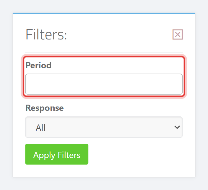 The IT3(d) Submissions left filter panel — the Period multi-select dropdown (placeholder "All periods") showing selectable tax-period codes like 2026-2 and 2025-8, and the Response dropdown.
