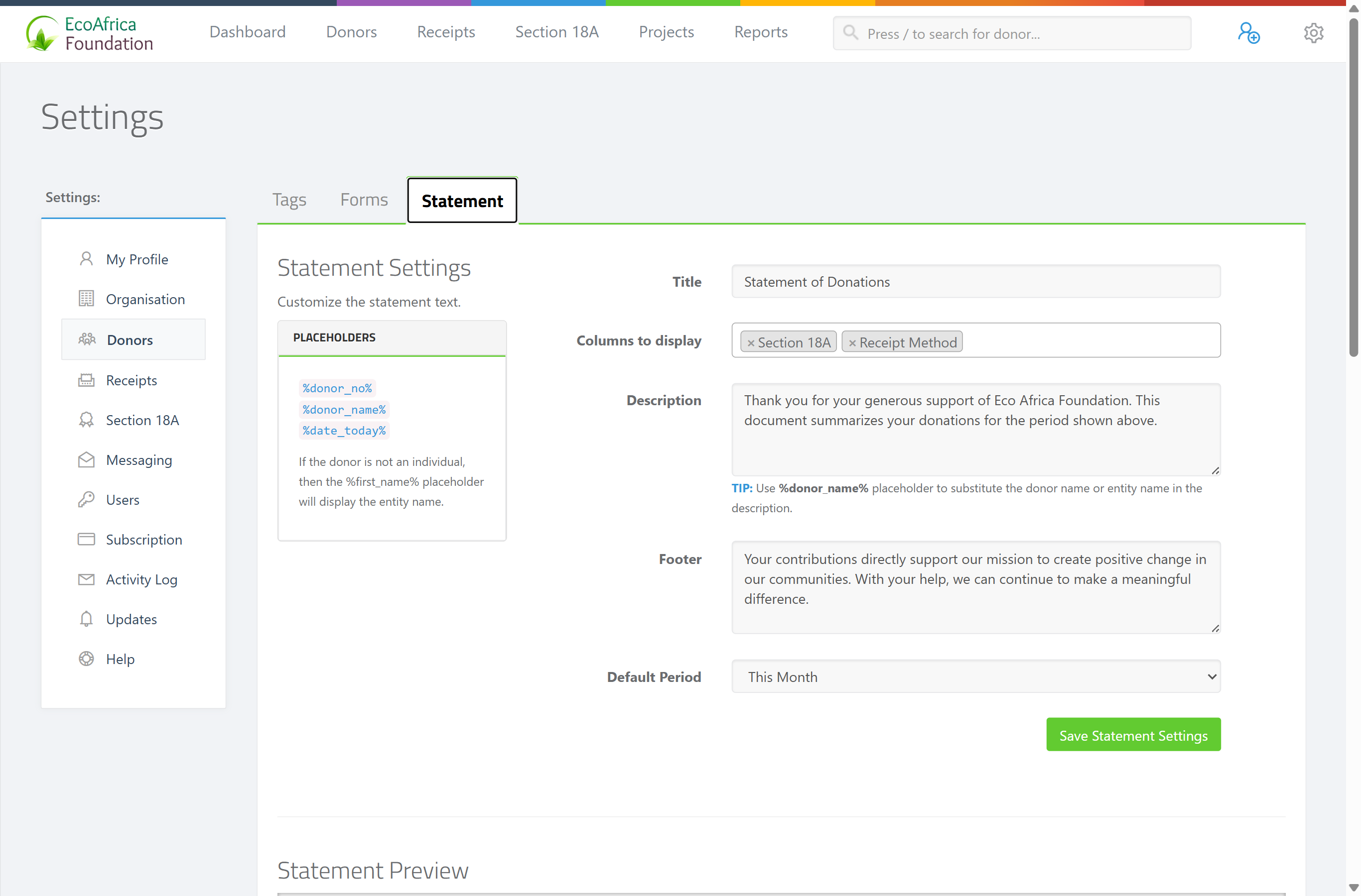 The Statement settings section under donor settings — the Title, Columns to display checkboxes, Description with placeholders, Footer, Default Period selector, and the Save Statement Settings button.