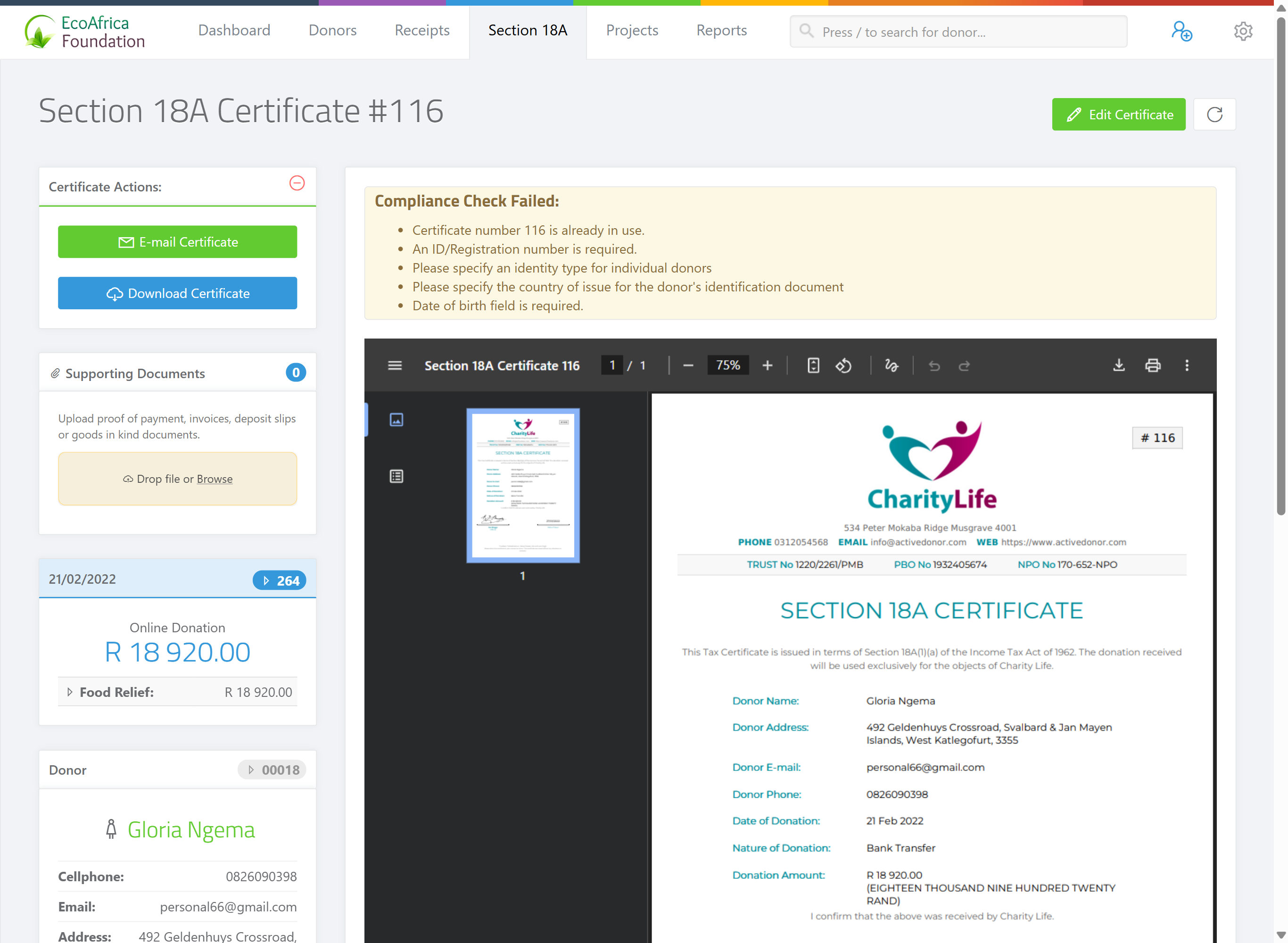 The Section 18A Certificate page with the drag-and-drop dropzone for uploading a signed PDF in the certificate actions panel.