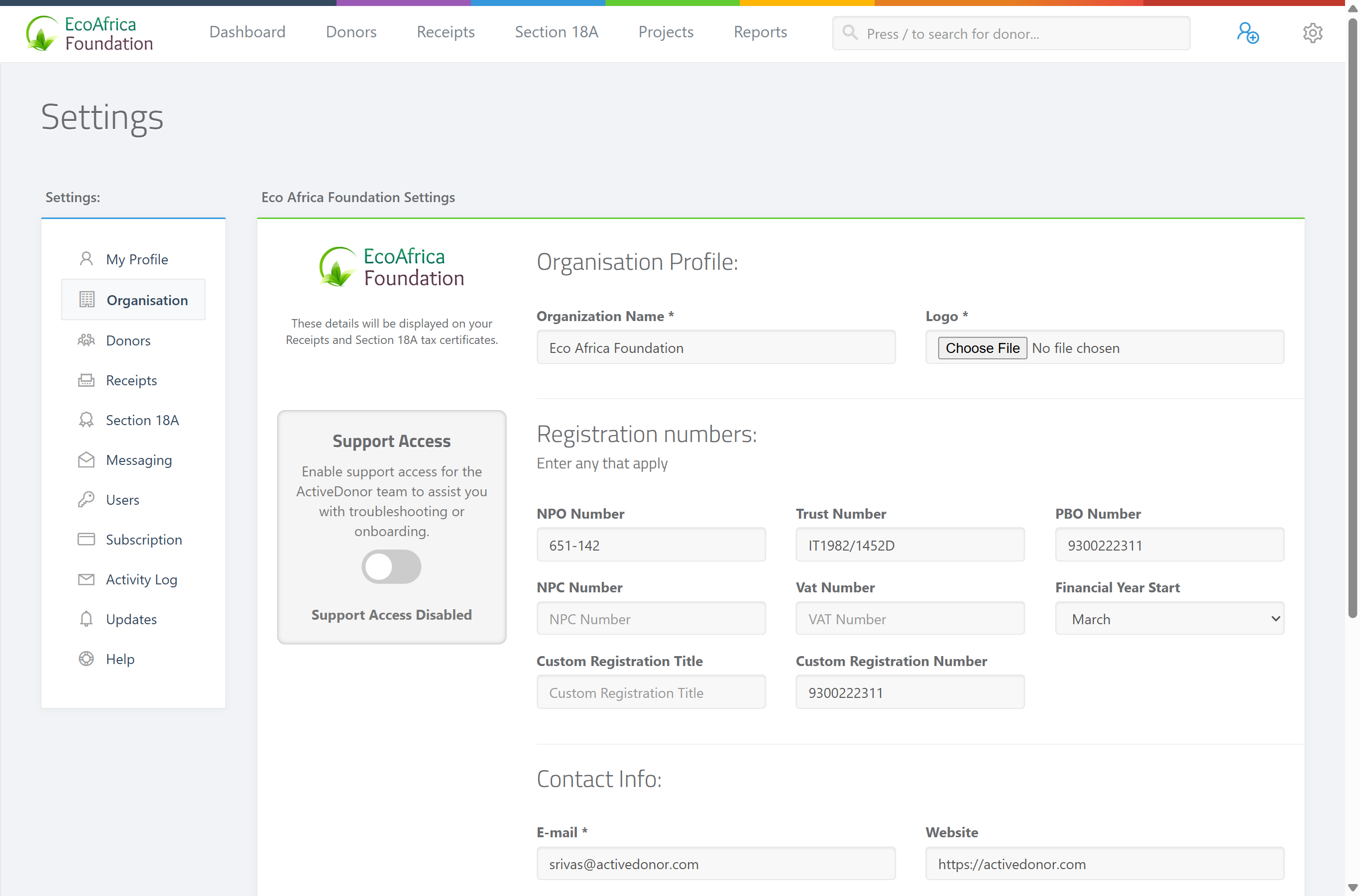 The Organisation settings page — left column shows the logo preview and the Support Access box; the right column shows the Organisation Profile, Registration numbers, Contact Info and a collapsible Social Media Links panel, with the green Save Settings button at the bottom right.