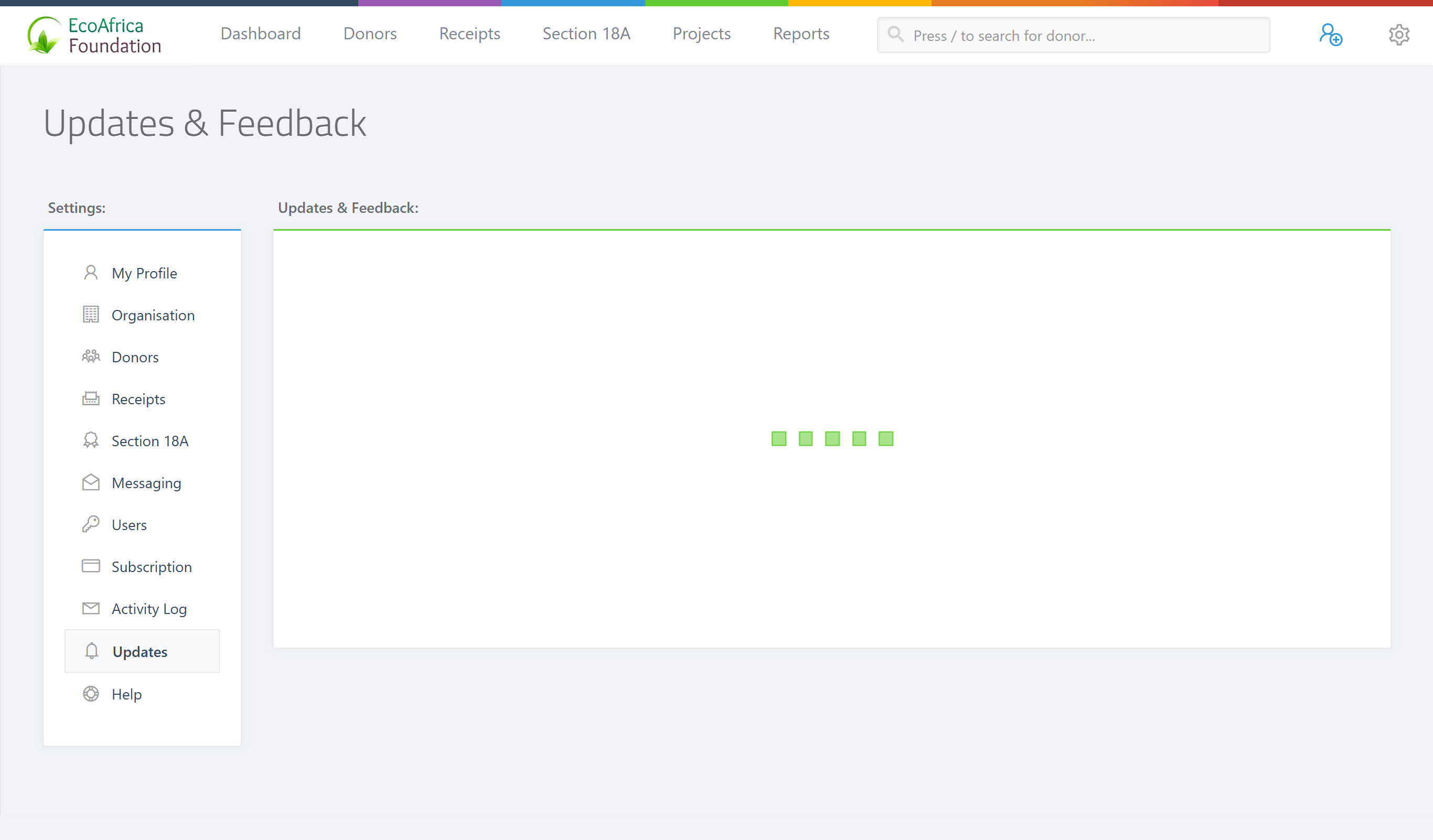 The Updates & Feedback page — the embedded ProductLift changelog / feedback board loading inside the Settings layout, with the "Updates & Feedback:" panel heading.
